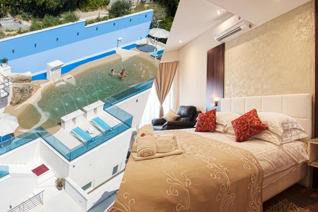 a bedroom with a view of a swimming pool at Villa Višnja Prestige in Brela