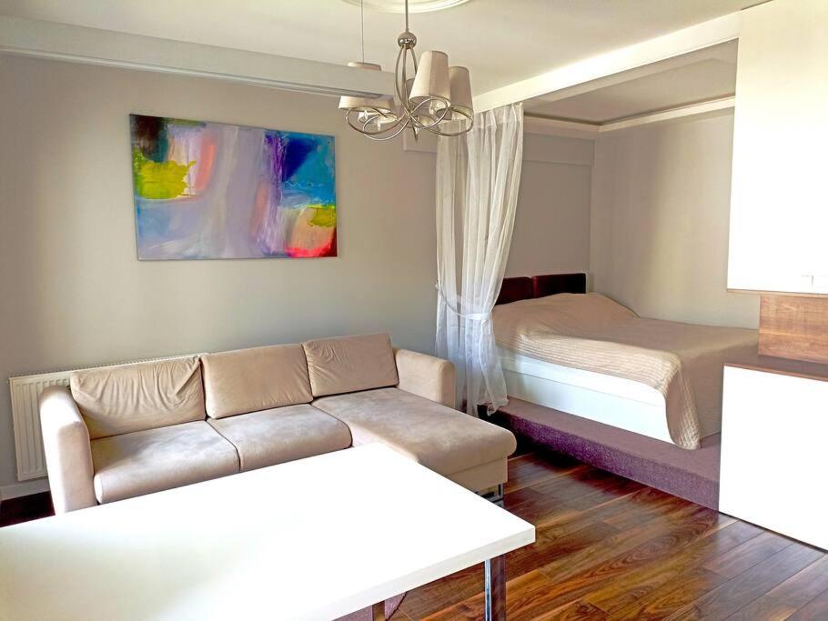 a living room with a couch and a bed at Młynowa Centrum Apartamenty LUNA Białystok in Białystok