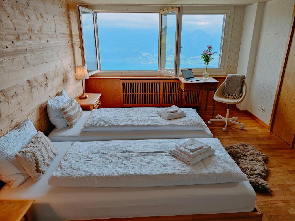 Postel nebo postele na pokoji v ubytování Hotel Bergsonne Rigi