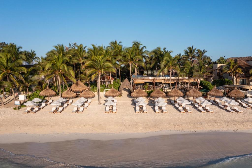 a group of chairs and umbrellas on a beach at Ana y Jose Hotel & Spa Tulum in Tulum