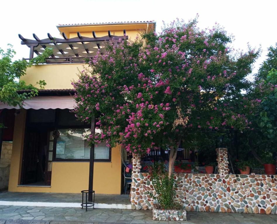 un árbol con flores rosas delante de un edificio en Vasileiou, en Kala Nera