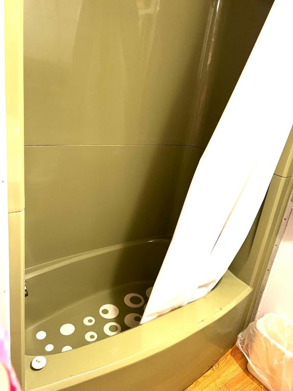 a shower with a shower curtain in a bathroom at White Caps Motel in Port Clinton