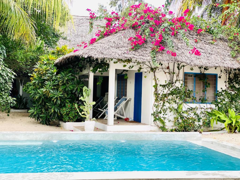 una casa con techo de paja y piscina en Badolina Bungalows en Nungwi