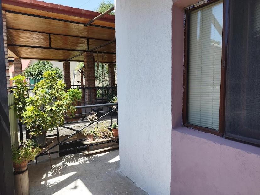 a porch of a house with potted plants and a window at Apartment in Mtskheta, with beautiful nature, 100 meter from center in Mtskheta