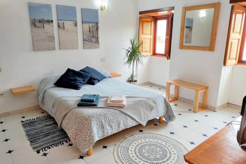 a bedroom with a bed with blue pillows on it at Casa Nogal in La Matanza de Acentejo