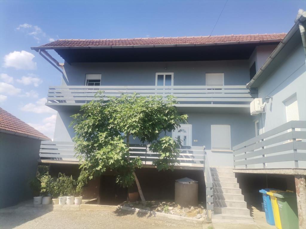 un bâtiment avec des escaliers et un arbre en face de celui-ci dans l'établissement Apartman ŠIPA, à Bjelovar