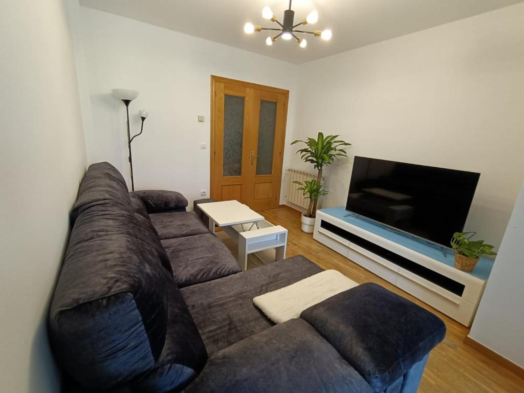 Una sala de estar con un sofá y un televisor de pantalla plana. en Apt. Descenso del Sella, Arriondas, en Arriondas