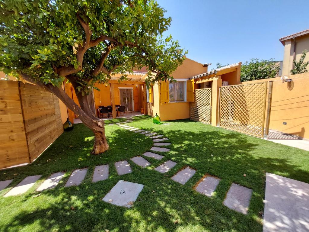 un jardín con un árbol en medio de un patio en villa Sara en Teulada