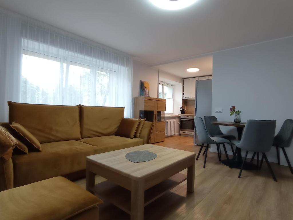 uma sala de estar com um sofá e uma mesa em TIMO butas em Druskininkai