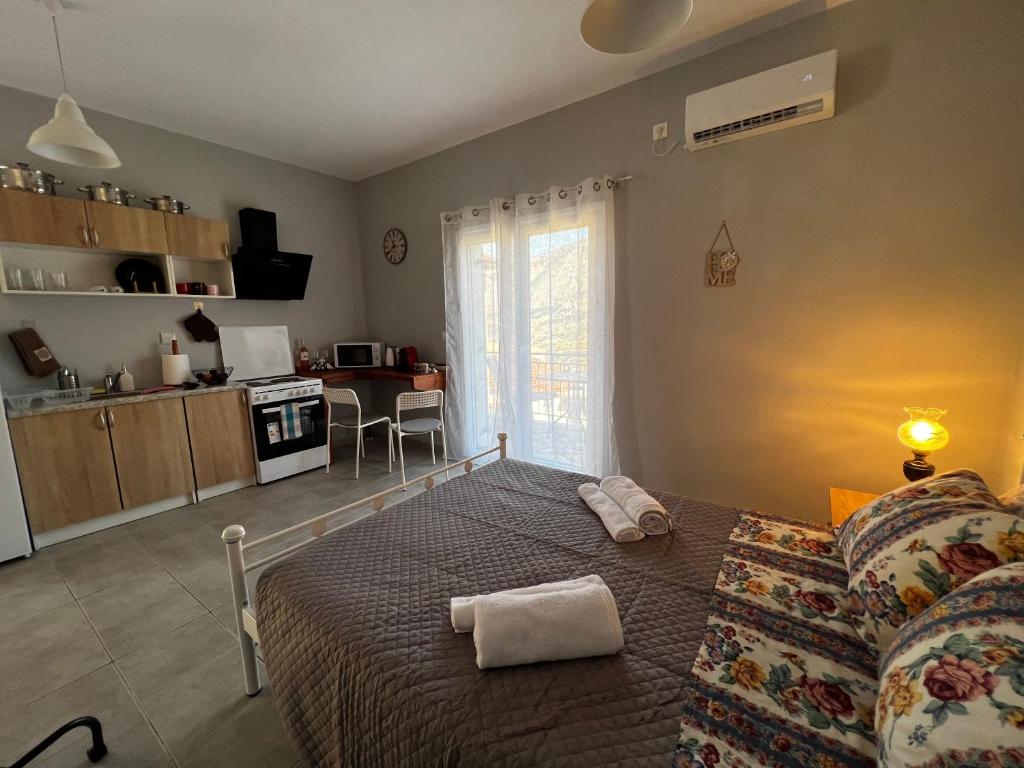 una camera con letto e divano e una cucina di Aggelikis studio a Zóla