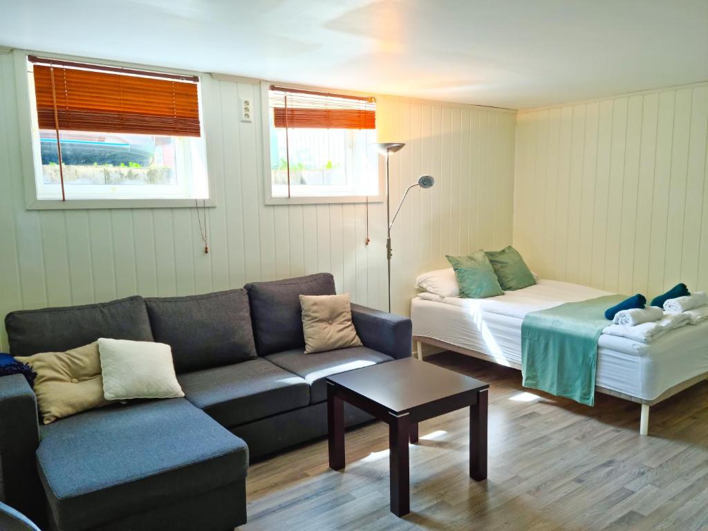 ein Wohnzimmer mit einem Sofa und einem Bett in der Unterkunft Bårdshaug studio apartment in Orkanger