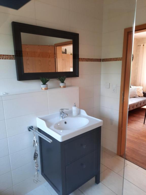 a bathroom with a sink and a mirror at Meerhuuske Käthe in Südbrookmerland
