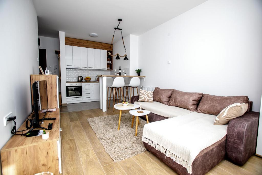 a living room with a couch and a kitchen at Apartman Minja in Subotica