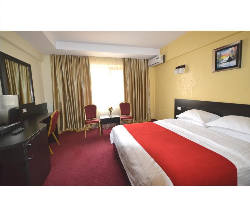 布加勒斯特的住宿－安考爾酒店，酒店客房,配有床和电视
