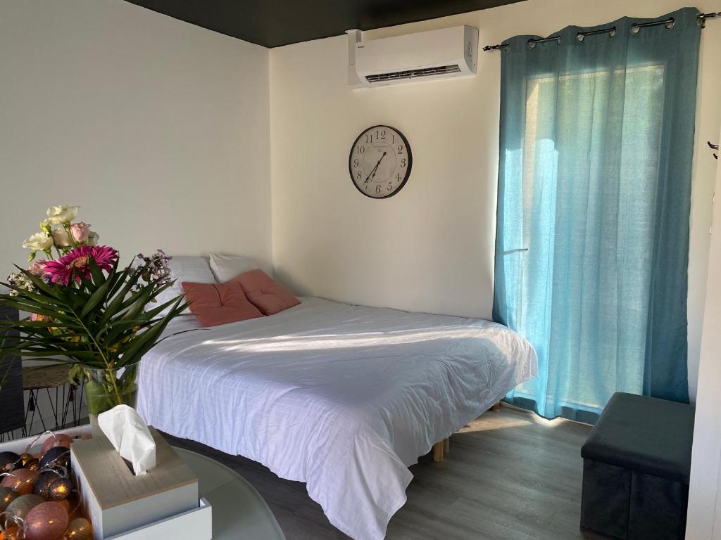 een slaapkamer met een bed en een klok aan de muur bij Chambre chaleureuse avec jacuzzi in Le Mesnil-en-Vallée