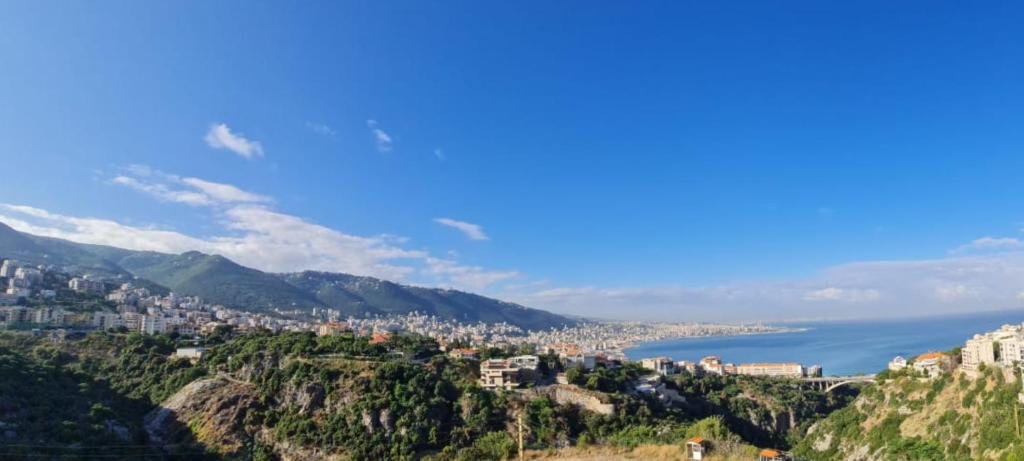 een uitzicht op de stad vanaf een heuvel met de oceaan bij Adma Blue Screen in Jounieh