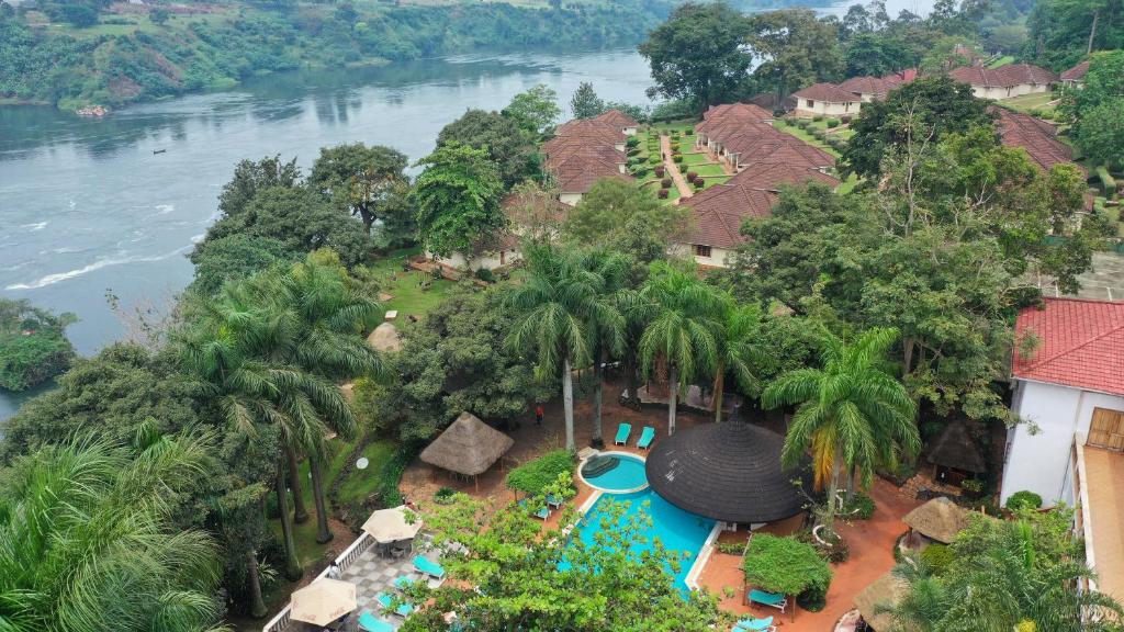 an aerial view of a resort with a swimming pool at Jinja Nile Resort in Jinja
