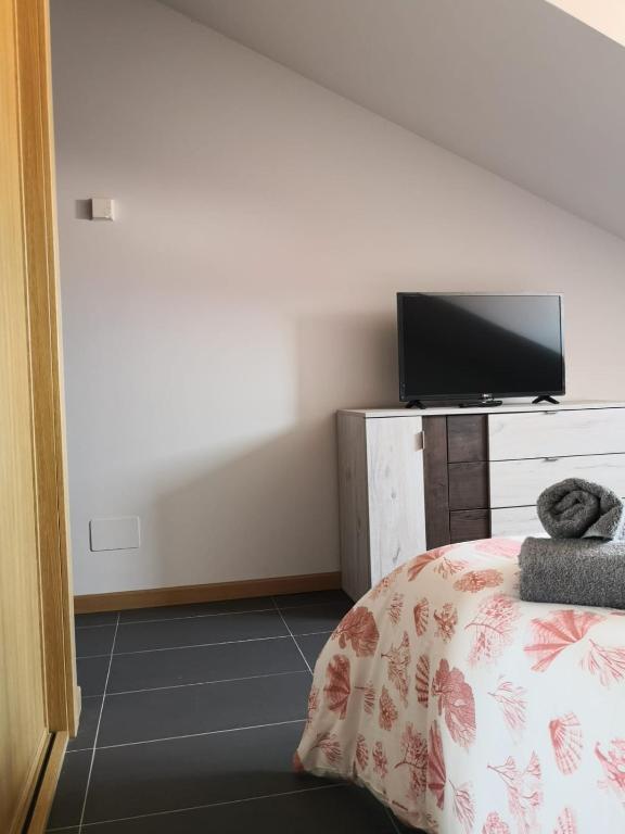 a bedroom with a bed and a flat screen tv at Aldea Bricia 20 BC in Posada de Llanes