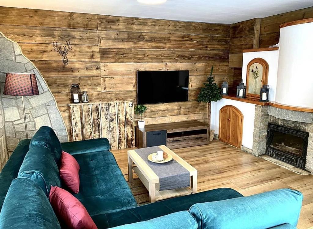 Osada Koniaków 3 في كونيكاو: غرفة معيشة مع أريكة ومدفأة