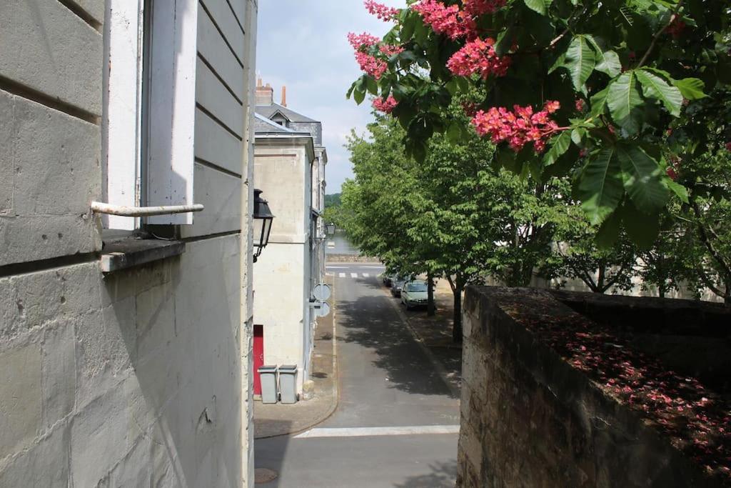 an empty street with pink flowers hanging from a building at Appartement calme proche de la Loire in Saumur