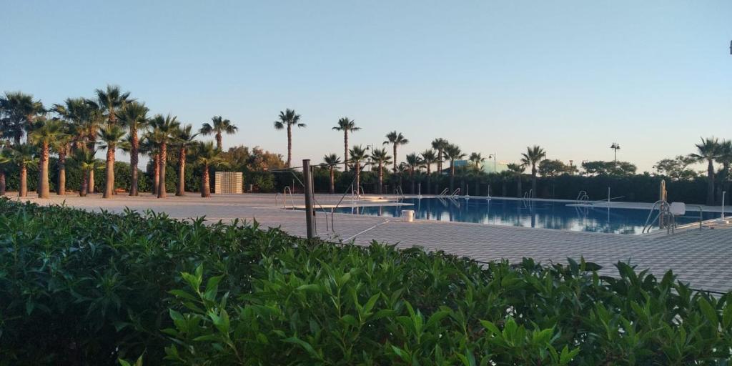 uma piscina com palmeiras num parque em Isla Canela Apartamento nuevo en primera línea de playa con vistas al mar em Isla Canela