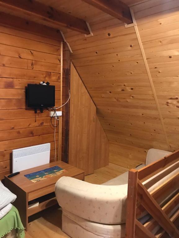 Televízia a/alebo spoločenská miestnosť v ubytovaní Domek letniskowy Biedówka