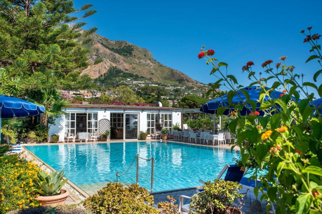 a swimming pool with a mountain in the background at Hotel Villa Melodie - Adults Only in Ischia
