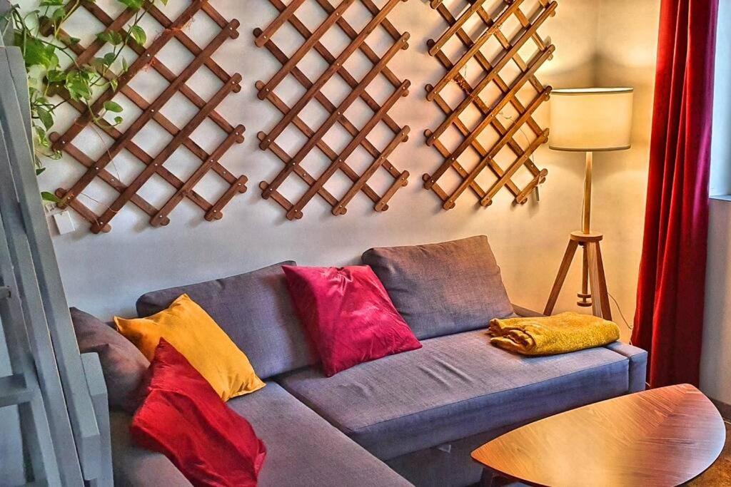 uma sala de estar com um sofá com almofadas coloridas em Suite Vintage Centre historique em Rouen