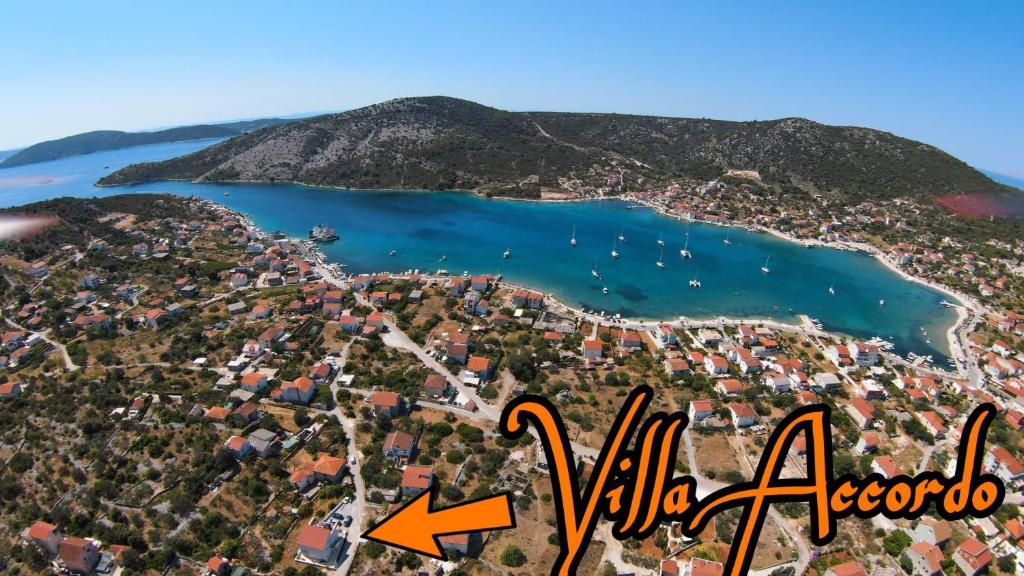 an aerial view of a city and the ocean at Villa Accordo in Vinišće