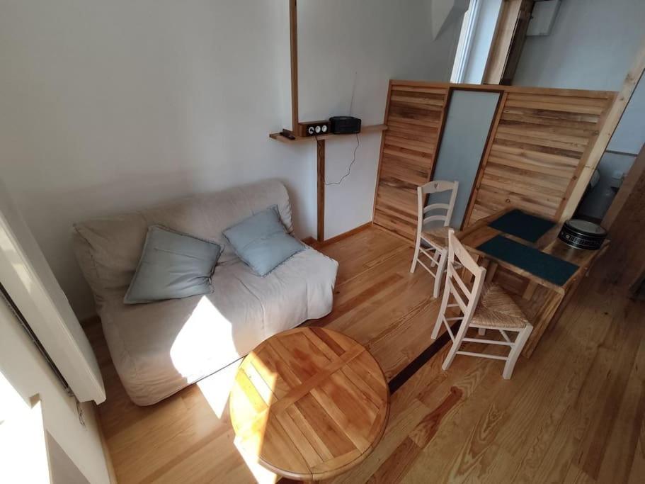 un salon avec un canapé et une table dans l'établissement Studio sympa et très calme entre canal et Loire, à Roanne
