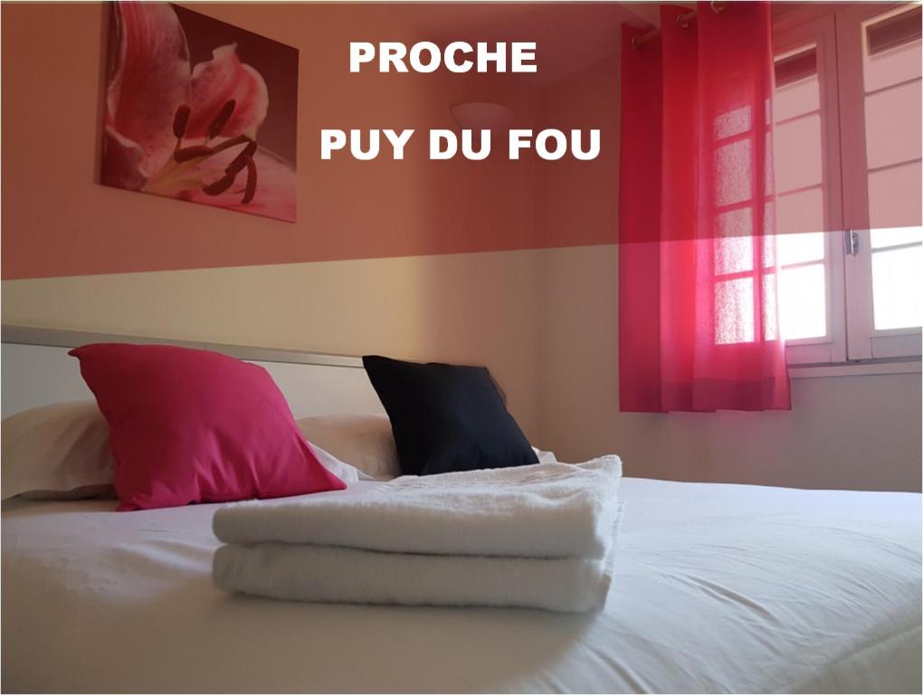 a bed with pink and black pillows on it at Hôtel Le Sainte Florence in Sainte-Florence