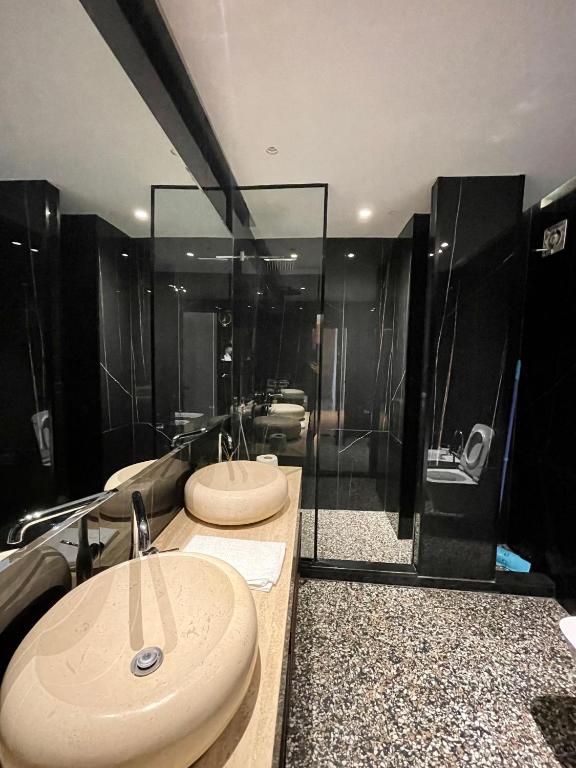 Luxury Lake View Duplex with Indoor Fireplace في شكودر: حمام مع مغسلتين ودش
