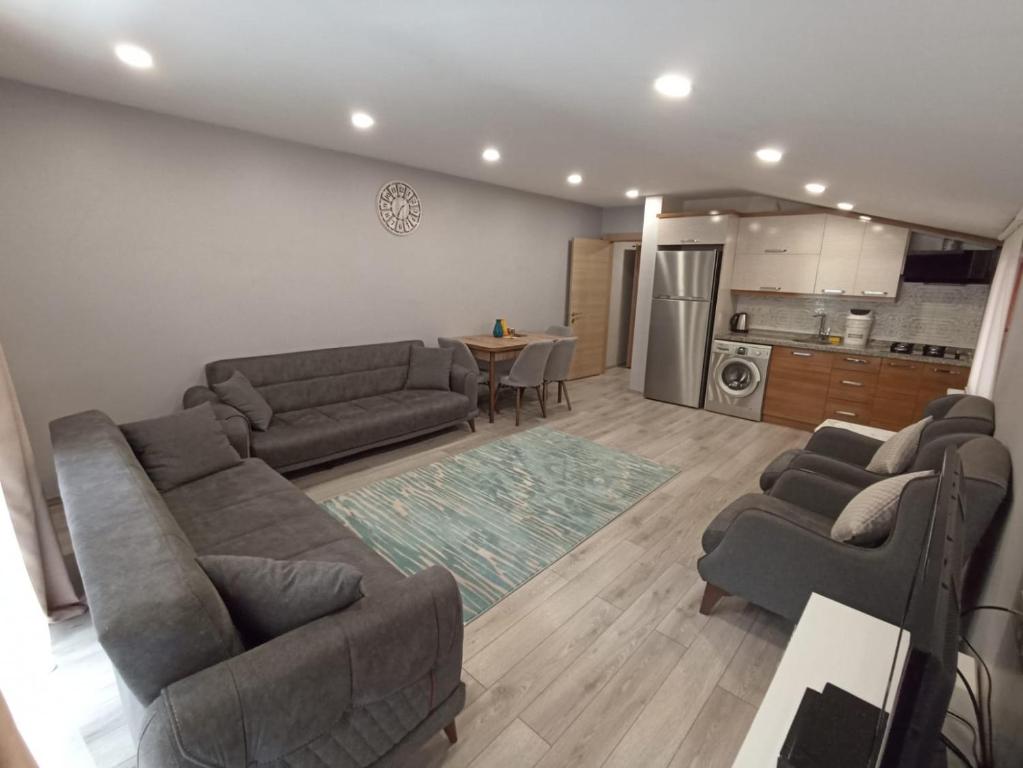 ein Wohnzimmer mit 2 Sofas und einer Küche in der Unterkunft Han PANSİYON in Çaykara