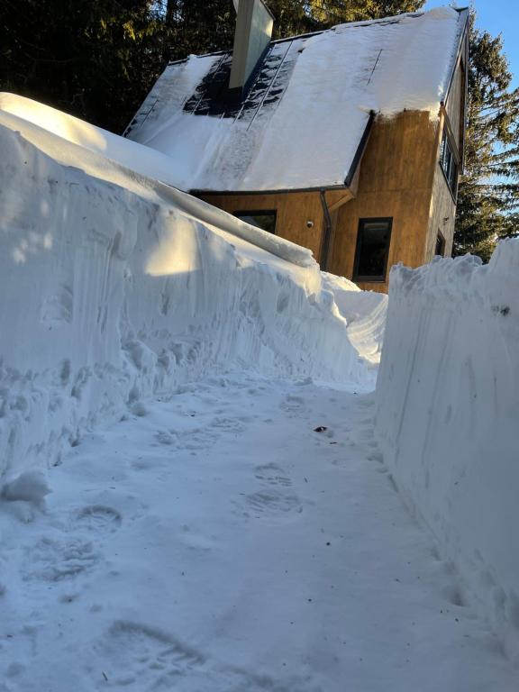 a snow covered ramp in front of a house at Wellness Chalet FiMiLi in Liptovská Sielnica