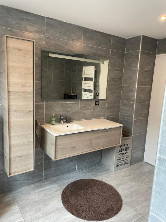 a bathroom with a sink and a mirror at Logement Moderne avec wifi garage et proche du centre ville in Charleville-Mézières