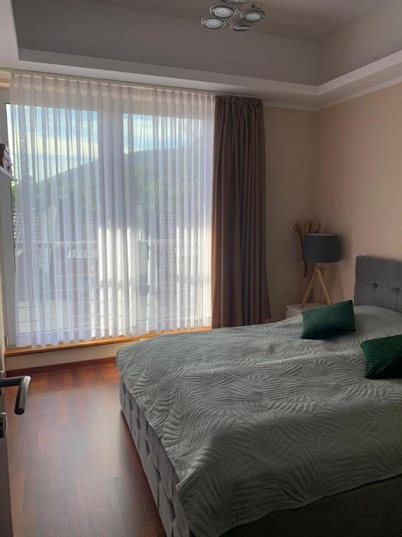 sypialnia z dużym łóżkiem i dużym oknem w obiekcie Apartament Panorama Ustronia w Ustroniu