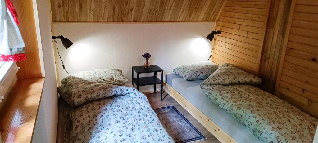 two twin beds in a room with a side table at Koča Kresnica in Ilirska Bistrica