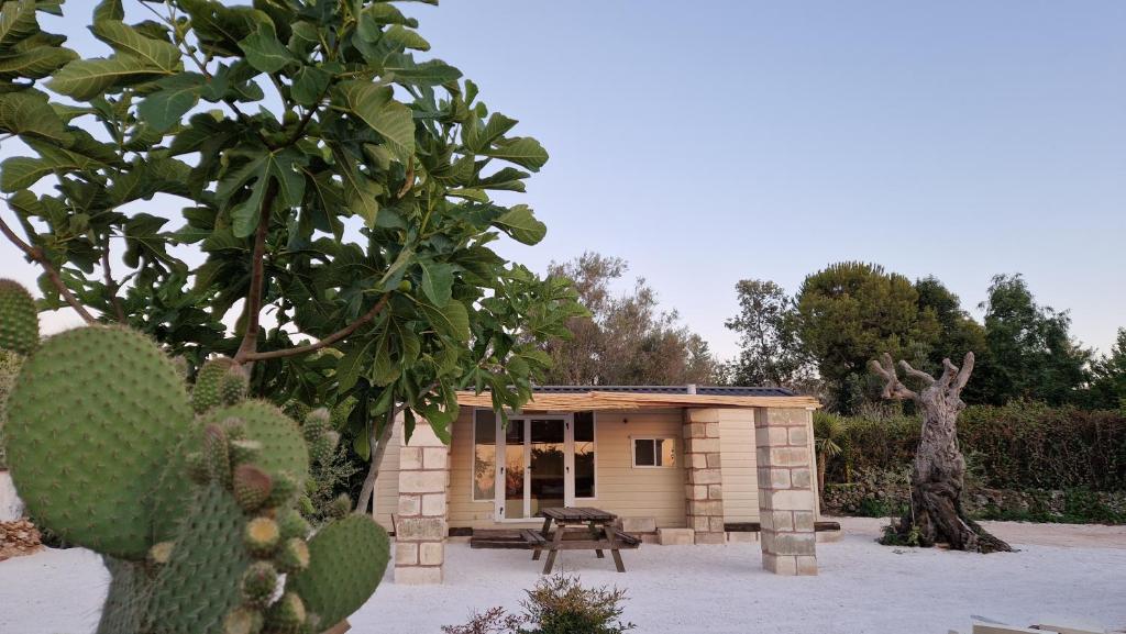 un pequeño edificio con una mesa de picnic en un patio en Eden Le Tre Sorelle, en San Cesario di Lecce