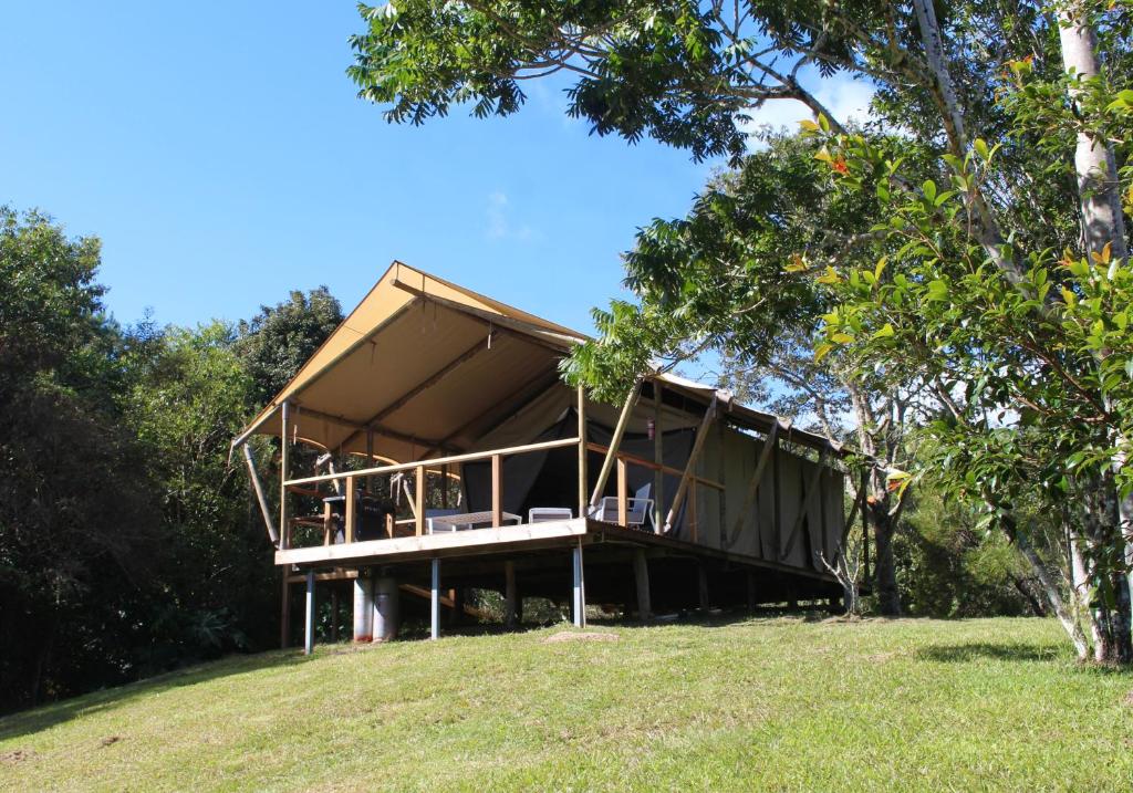 a building on top of a hill with trees at Silk Pavilions Glamping in Mount Burrell