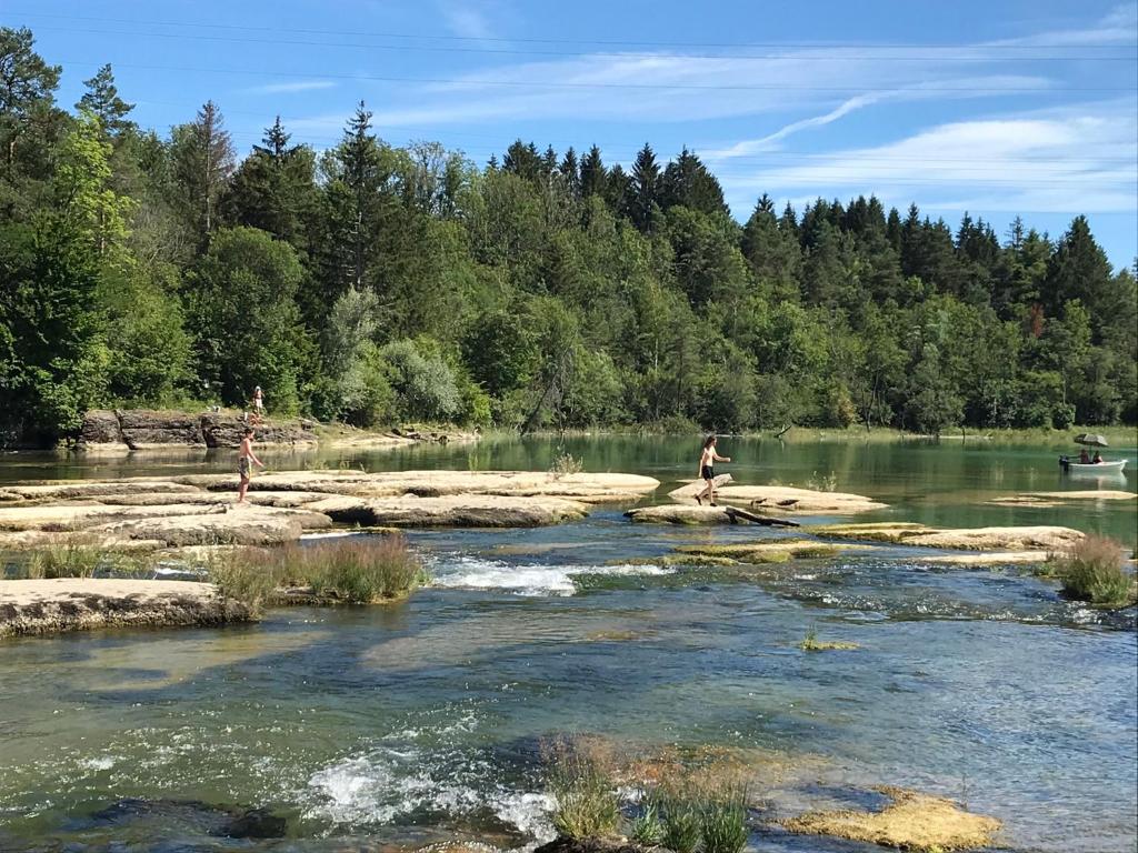 Un uomo è in piedi su rocce in un fiume di Les 4 gites de la Saisse a Pont-de-Poitte