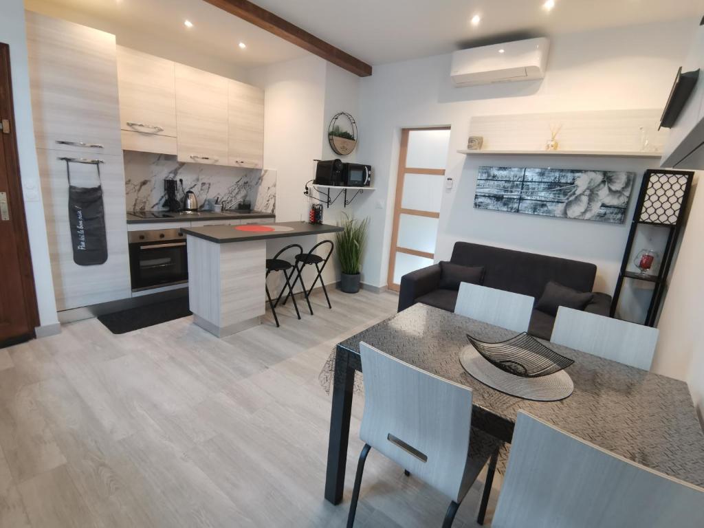 een keuken en een woonkamer met een tafel en stoelen bij Coquet 2 pièces entièrement rénové et climatisé in Cannes