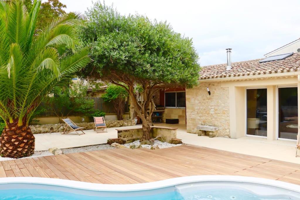 une maison avec un arbre et une piscine dans l'établissement Charmante Chartreuse Bordelaise - Ancien Chai, à Tabernottes