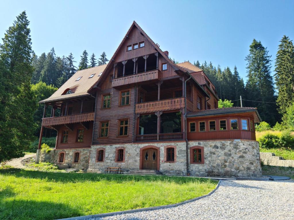 una grande casa in legno su una collina con alberi di Willa Góralka a Miedzygorze