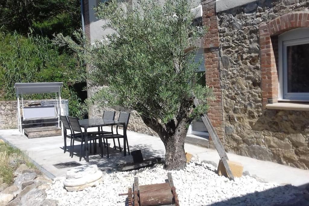 una mesa y sillas bajo un árbol al lado de un edificio en Gite 4 personnes au calme et tout confort, en Saint-Vallier