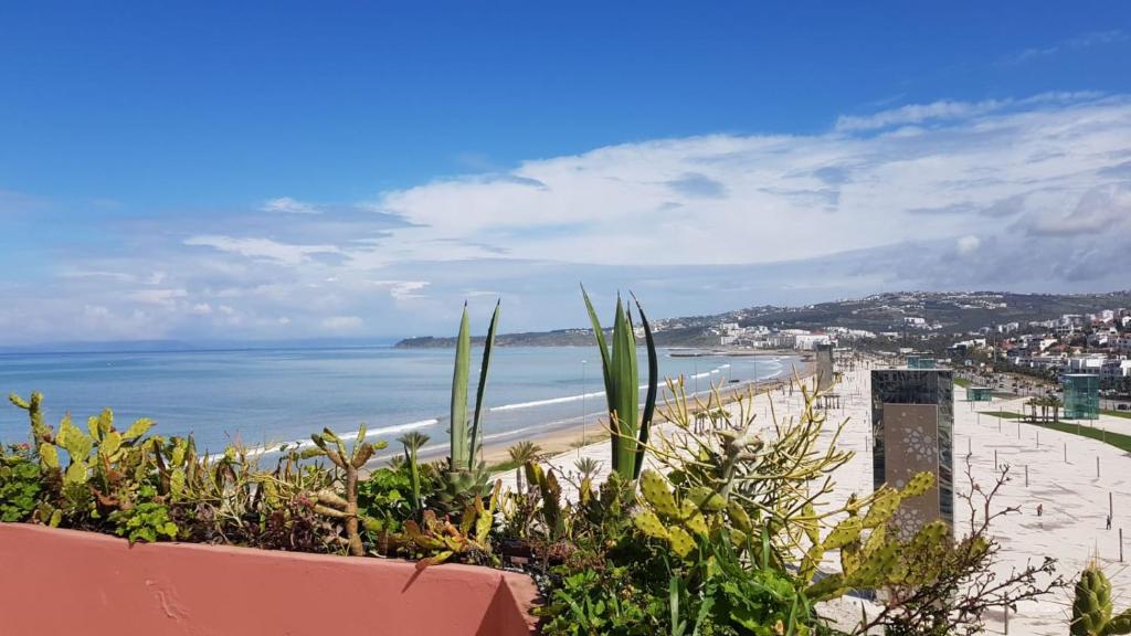 a view of a beach and the ocean at Appartement bord de mer et piscine en option in Tangier