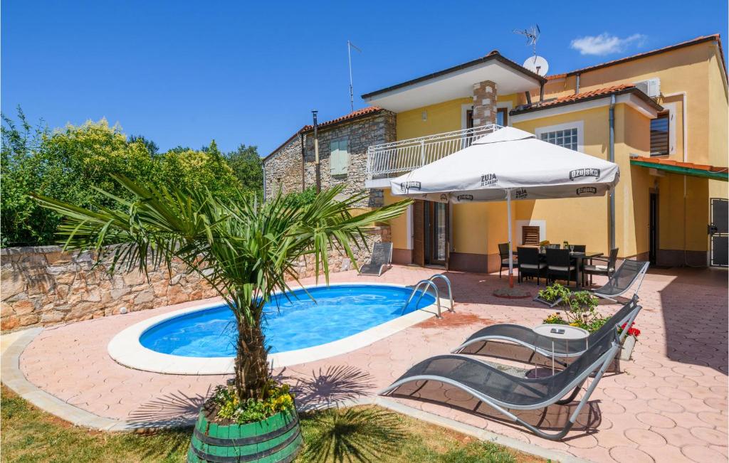a swimming pool with a palm tree in front of a house at 3 Bedroom Cozy Home In Vodnjan in Vodnjan
