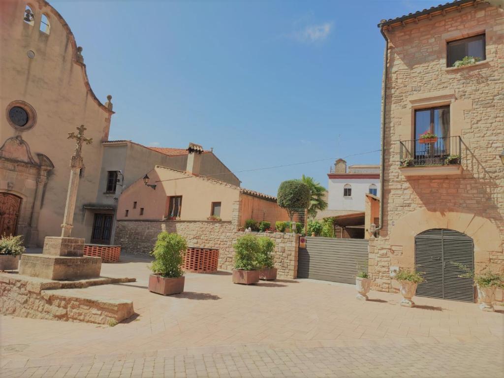 un grupo de edificios con macetas en un patio en Casa rural Cal Codina, en Els Prats de Rei