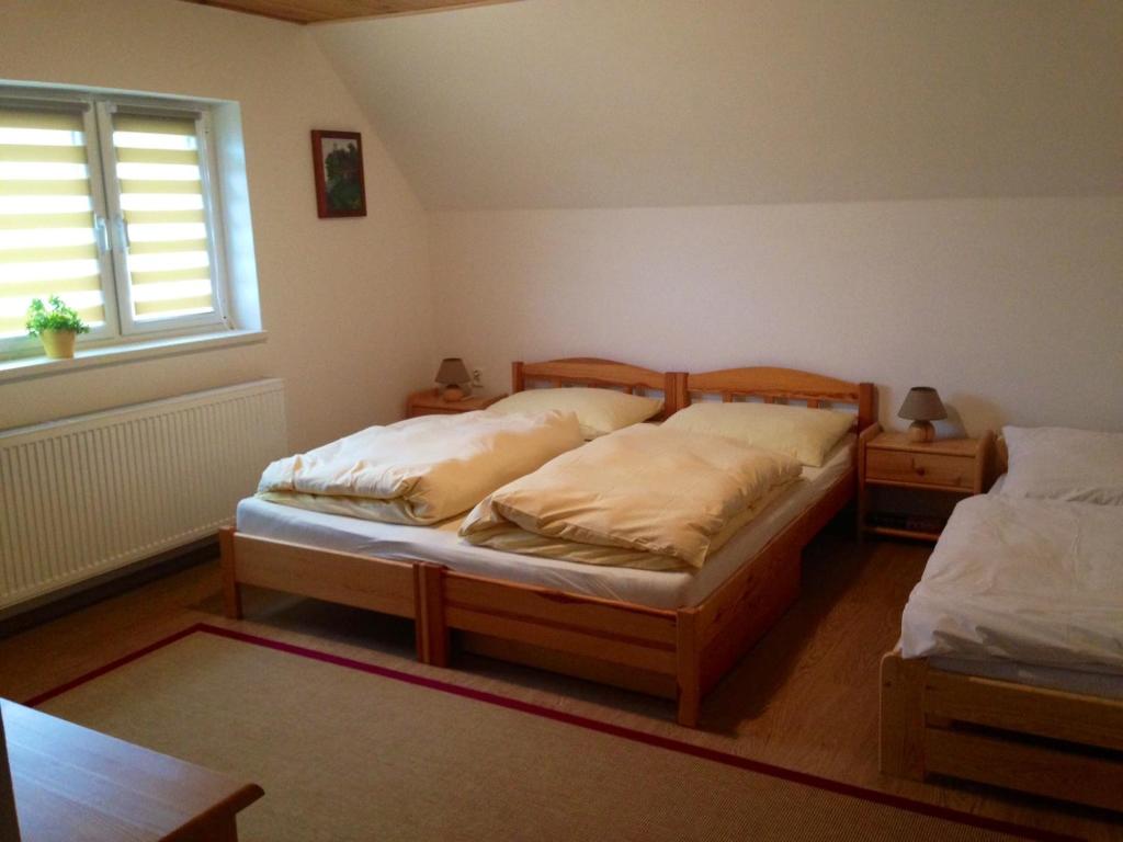 a bedroom with two twin beds and a window at Apartment U Anděla in Dlouhá Ves