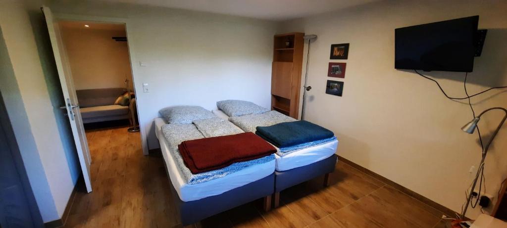 - une chambre avec un lit et une télévision murale dans l'établissement Ferienwohnung Tuniberg, à Umkirch