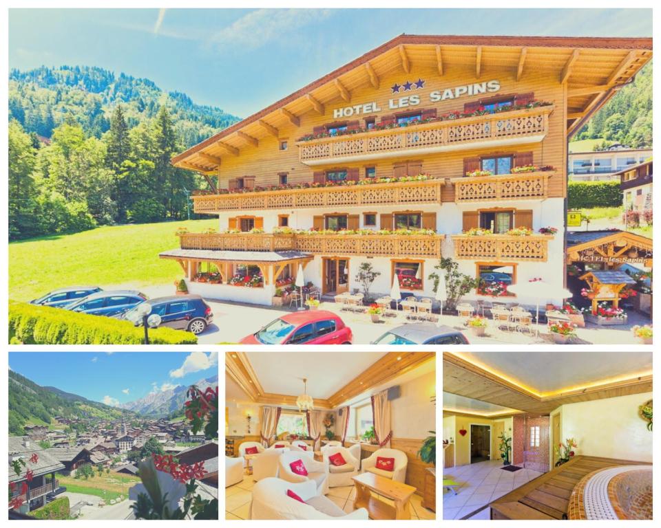 un collage de fotos de un hotel con coches aparcados en Hotel les Sapins, en La Clusaz